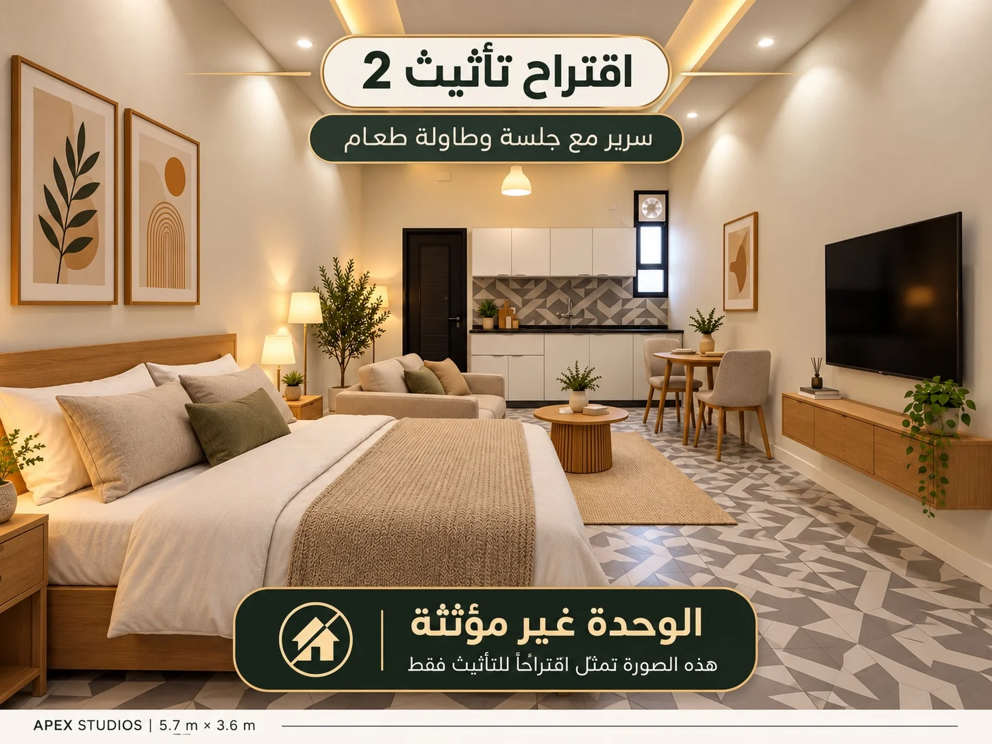 اقتراح تأثيث: سرير وجلسة وطاولة طعام